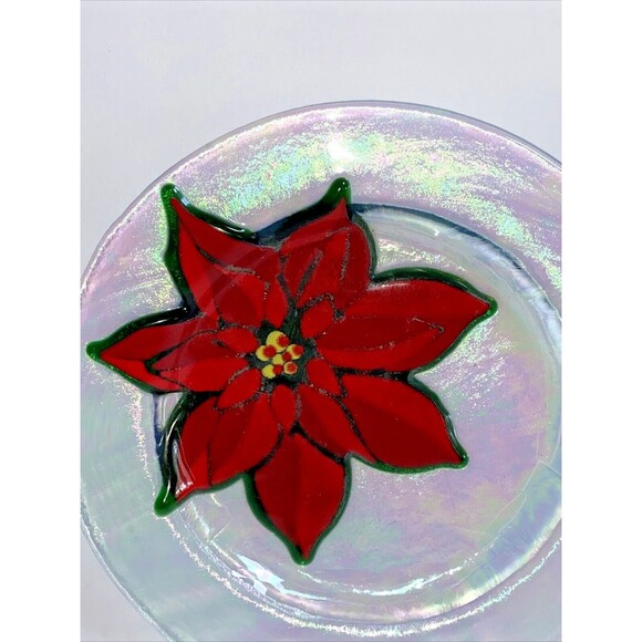 Jan Mitchell Fused Iridescent Clear Glass Plate Red Poinsettia Signed 7.5" New - Picture 2 of 6